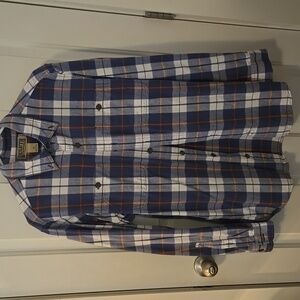 Mens Sz M Duluth Trading Co Blue and Orange Flannel Plaid Shirt